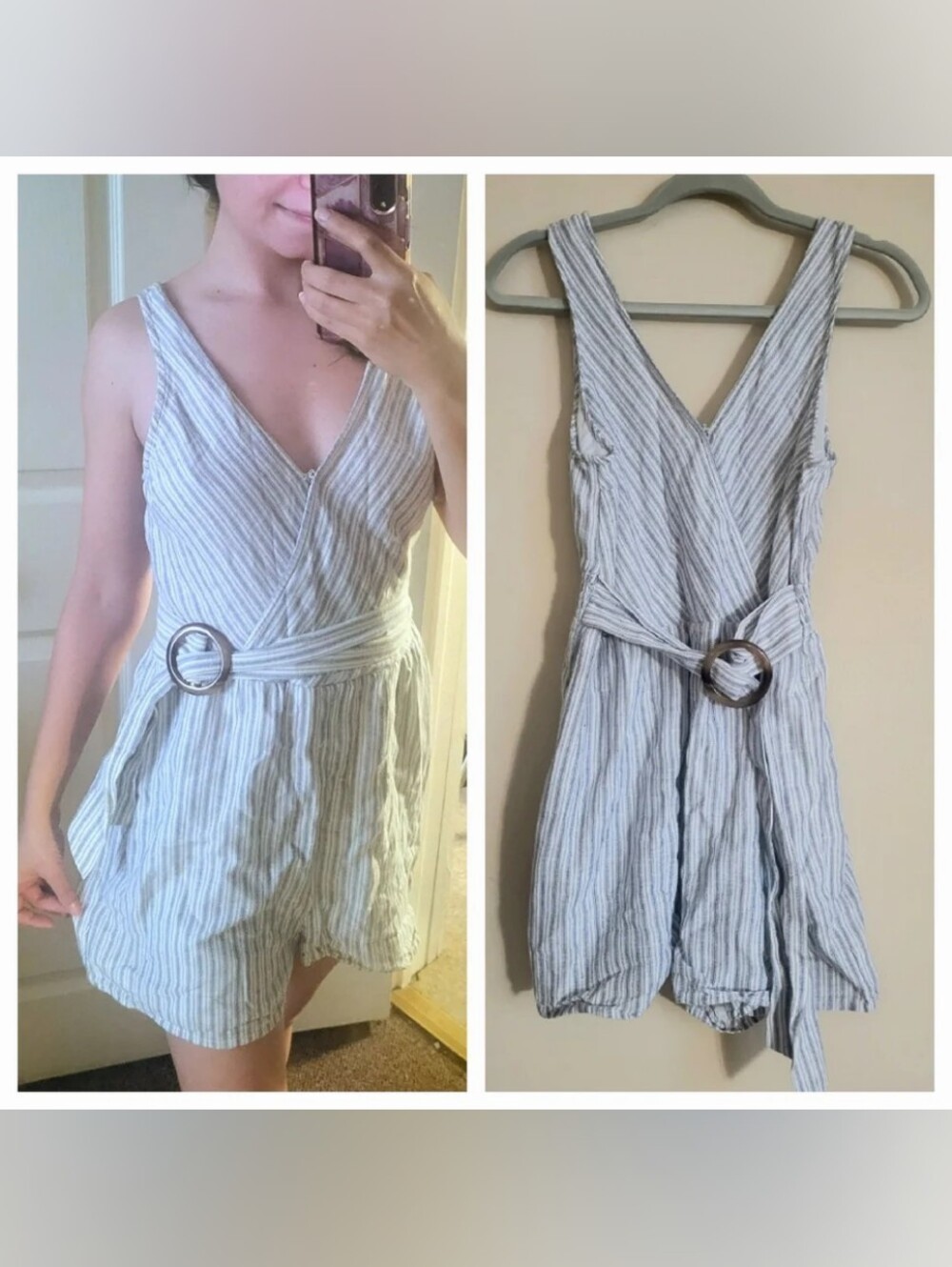 American Eagle Coastal Striped Linen Romper Size Small NEW Belted Beach Pocket